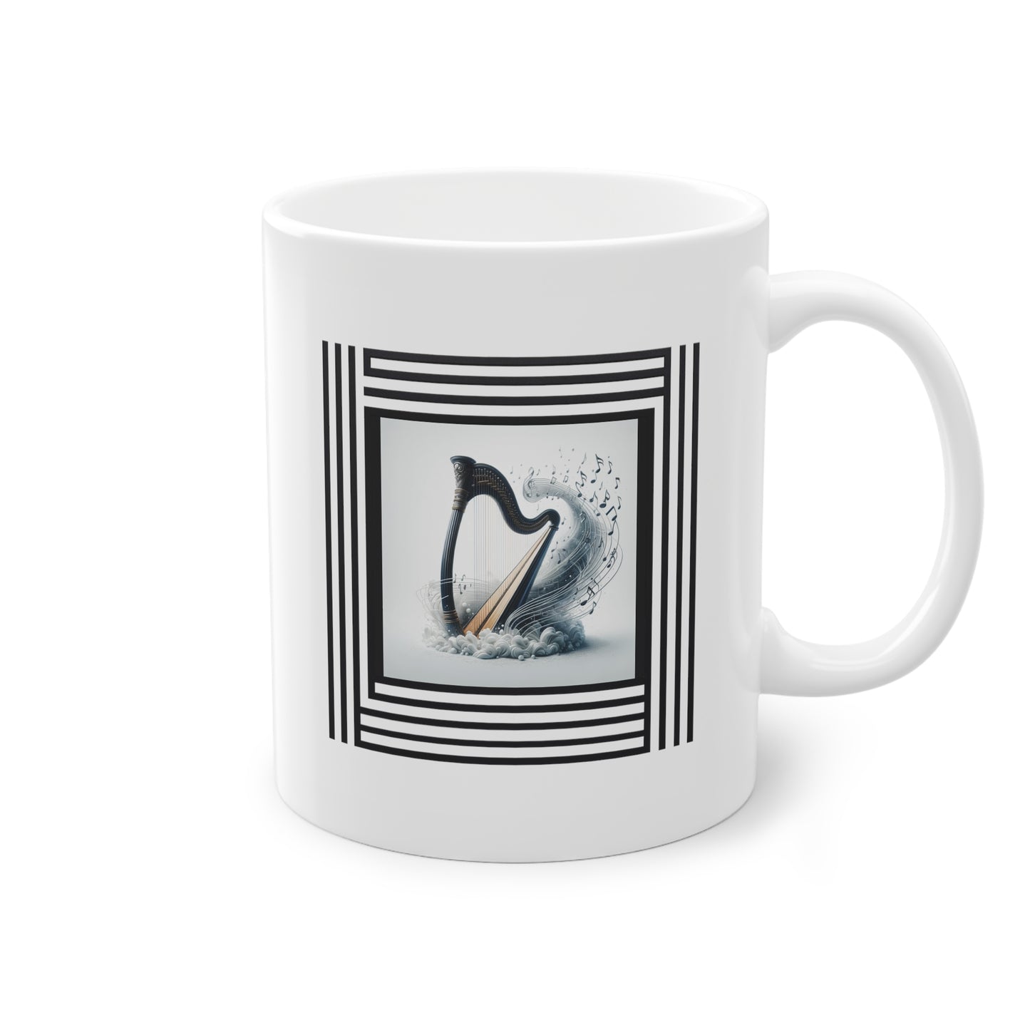 Harpe et notes musicales sur mug blanc. Super idée cadeau.