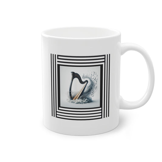 Harpe et notes musicales sur mug blanc. Super idée cadeau.