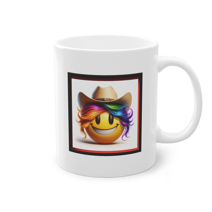 Mug cadeau céramique blanc souriant avec cheveux arc-en-ciel et chapeau de cowboy