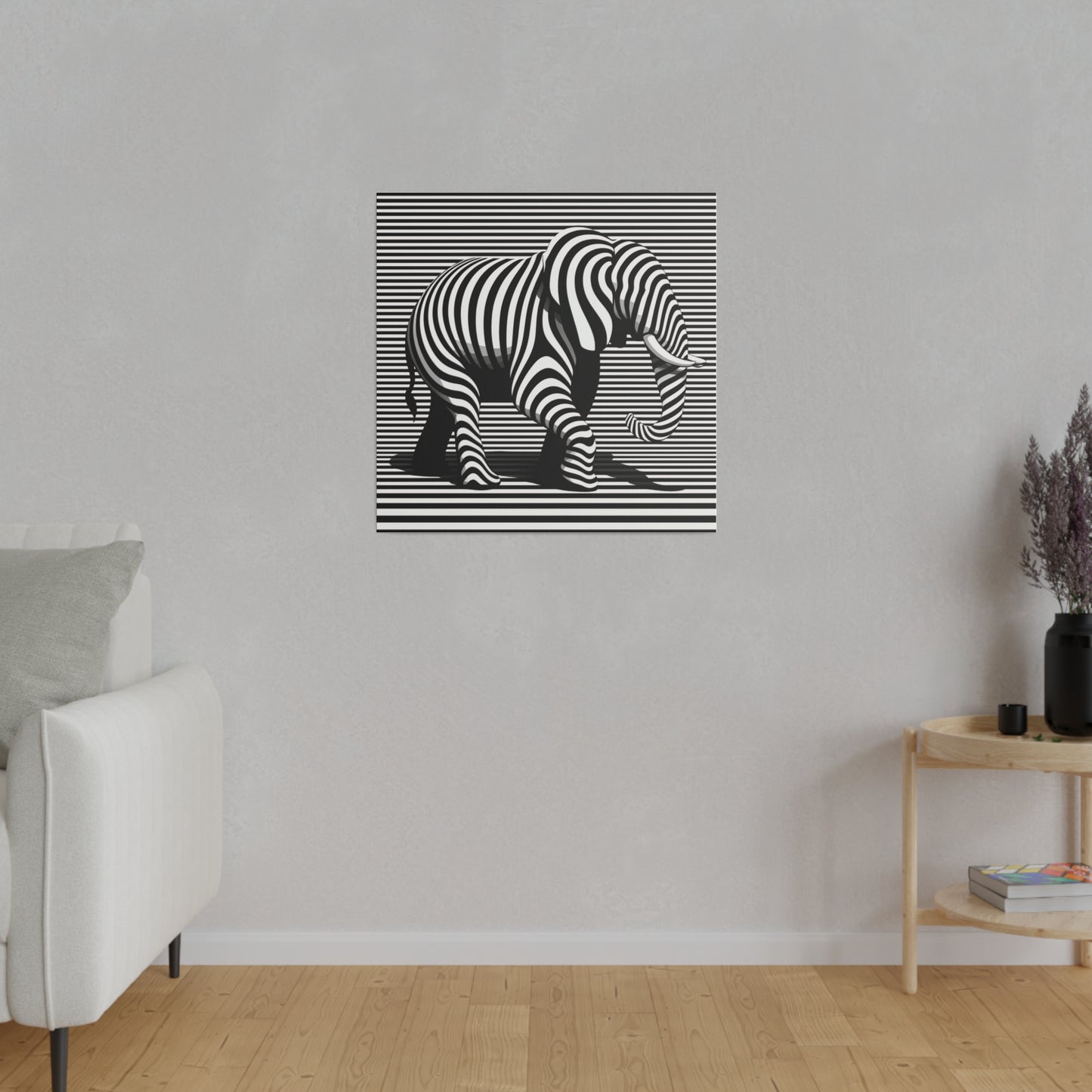 Toile moderne et design avec une image d’éléphant en art optique moderne type illusion avec rayures en noir et blanc