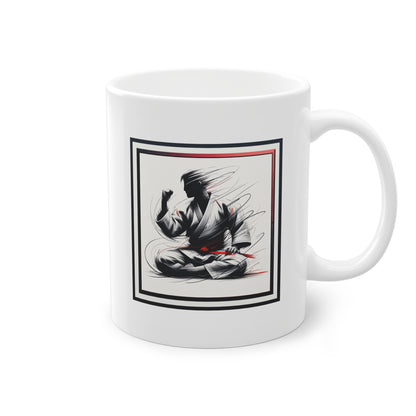 Mug judoka en mouvement, design en noir et rouge sur fond blanc