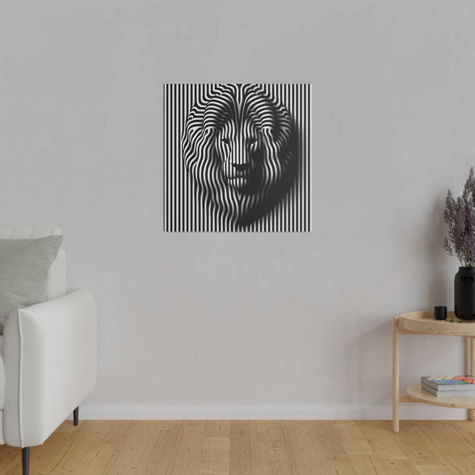 Toile design moderne de lion en noir et blanc dans un style d'art optique pour comme décoration intérieure murale