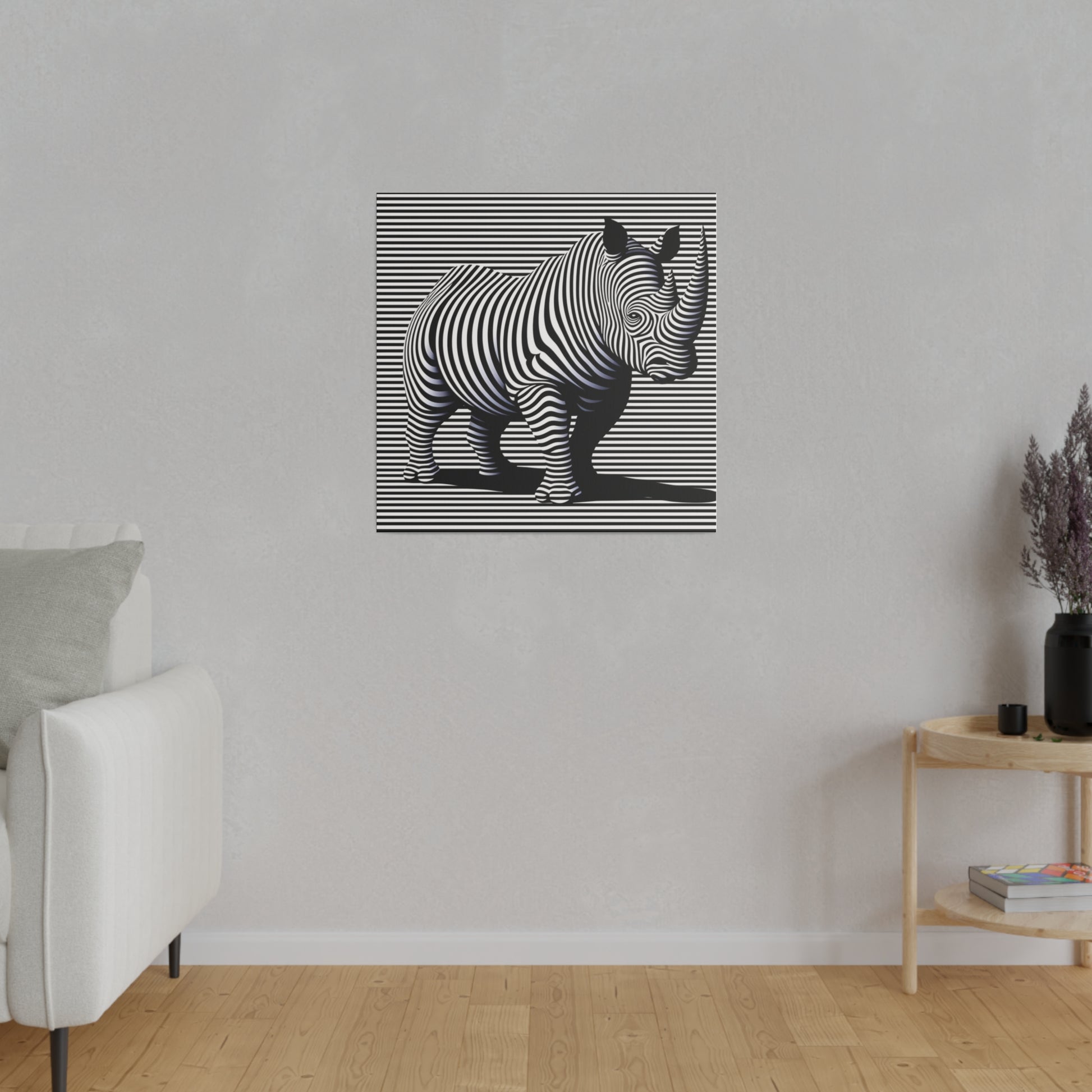 Toile avec une illusion moderne et desing en art optique rhinocéros en noir et blanc