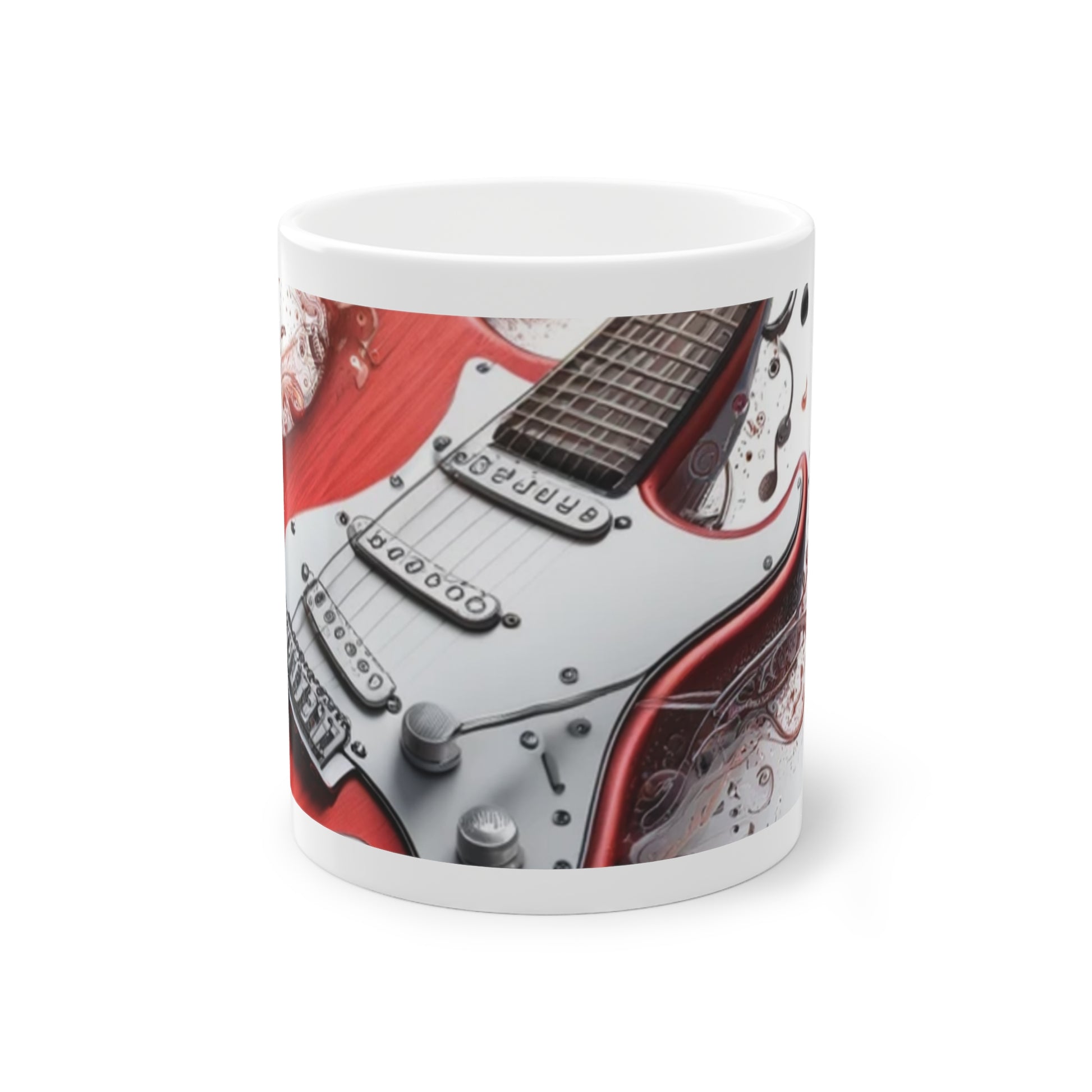 Guitare rouge sur mug cadeau, notes de musique flottantes