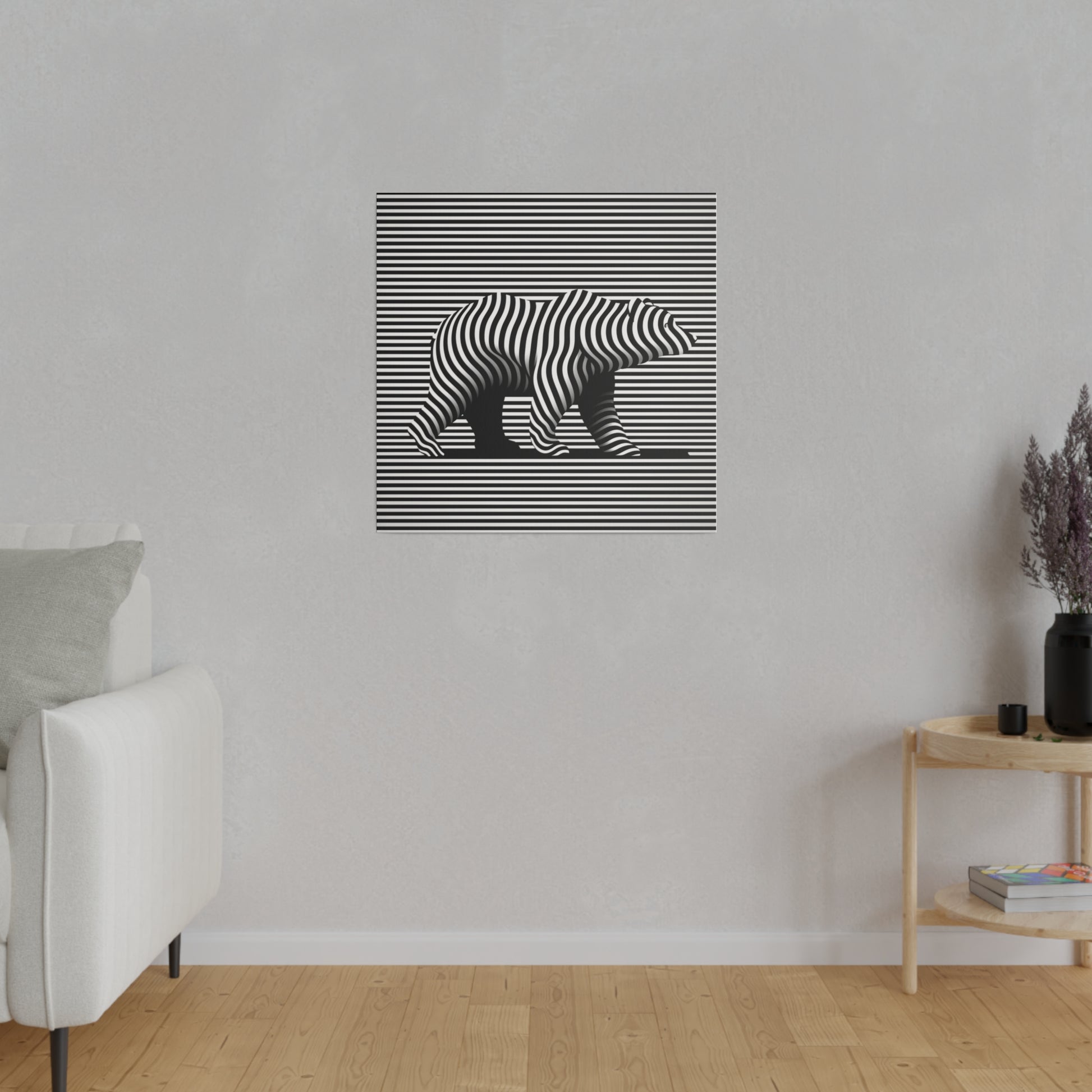 Toile canvas pour décoration intérieure murale avec un ours art optique moderne en noir et blanc