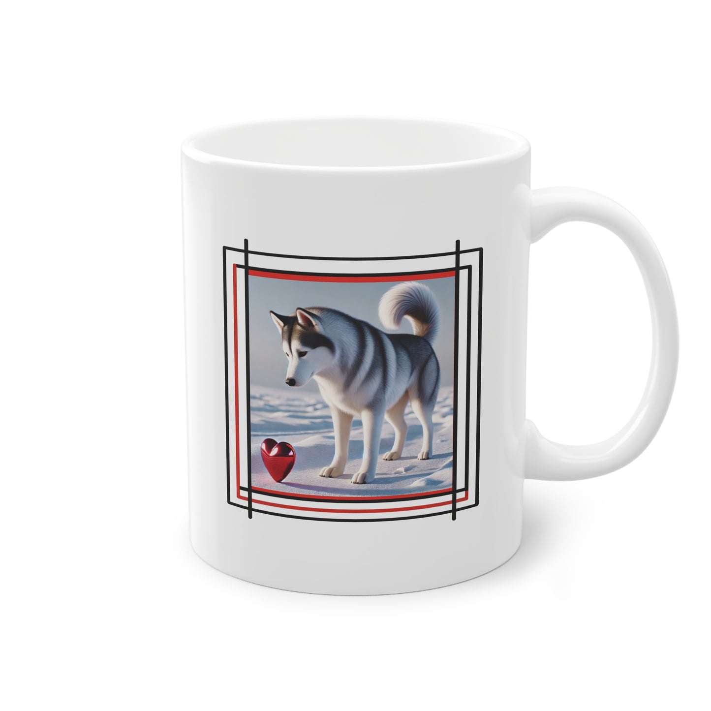 Mug Husky sibérien sur neige avec cœur rouge idéal cadeau pas cher