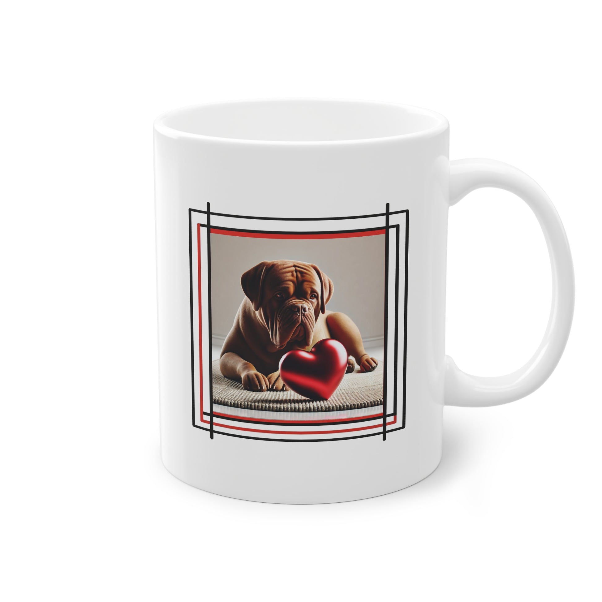 Mug avec Dogue de Bordeaux et un cœur rouge réaliste.