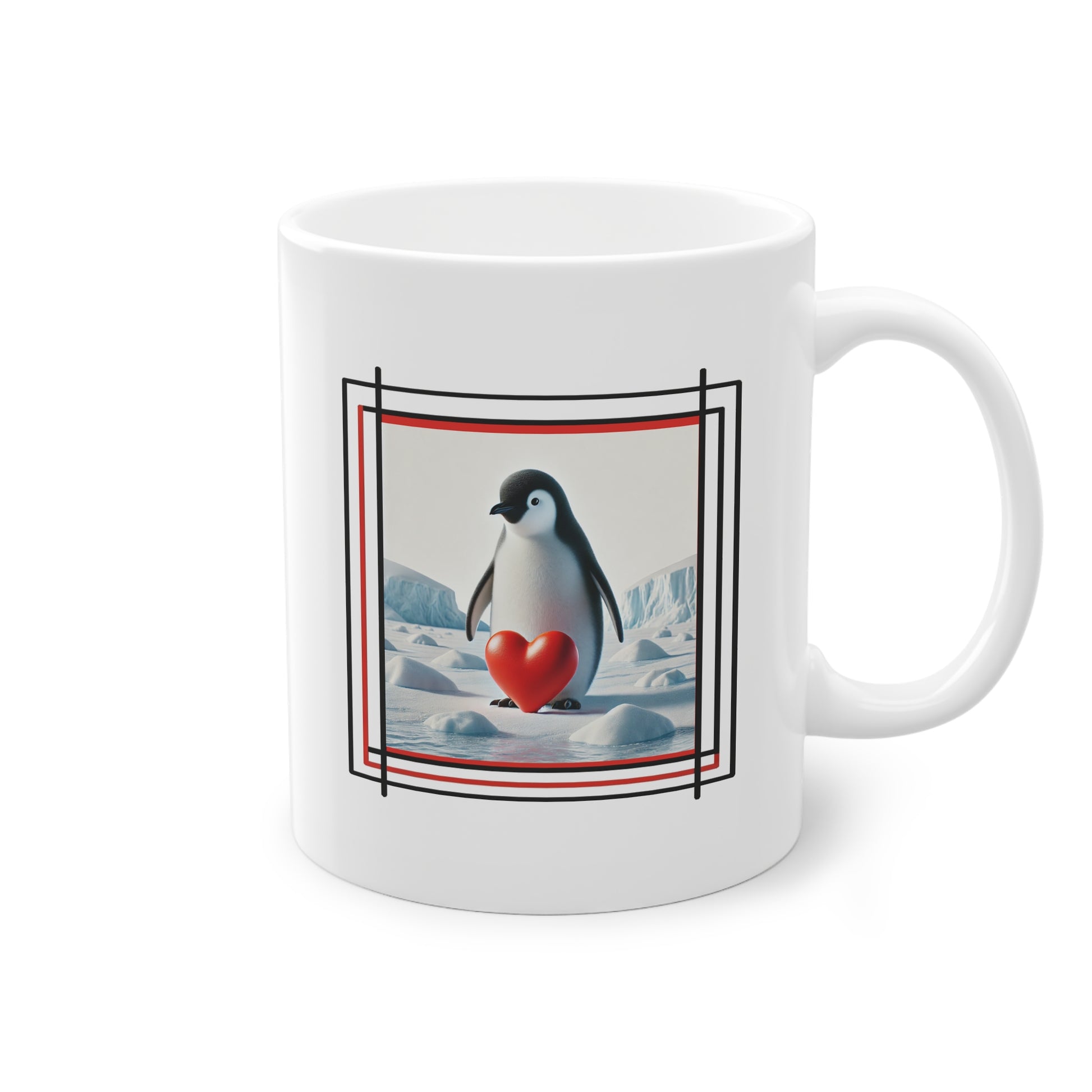 Tasse à offrir comme super cadeau avec illustration de pingouin et cœur rouge sur la banquise