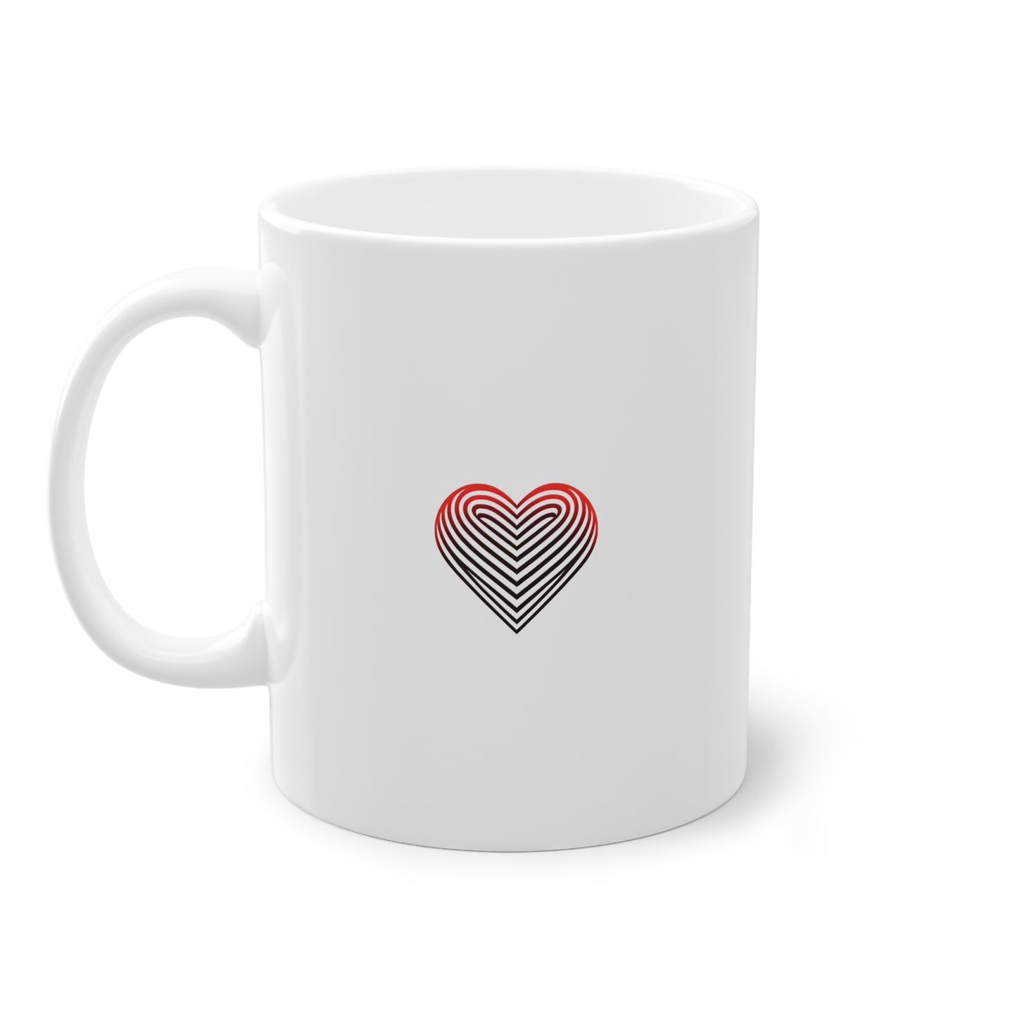 Mug avec design de cœur optique rouge et noir sur fond blanc