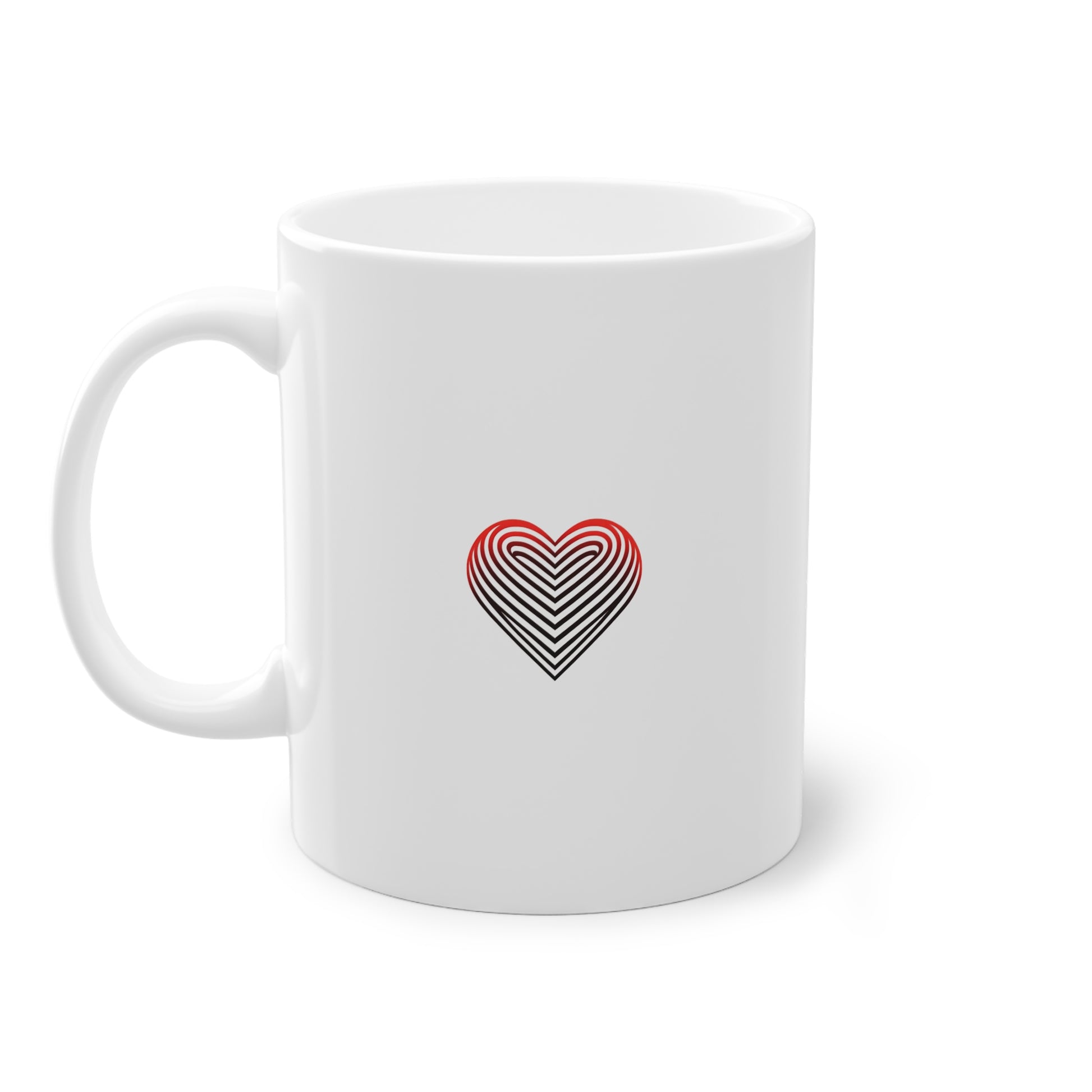 Mug céramique blanc avec design minimaliste de cœur rouge et noir en art optique idéal comme cadeau à offrir