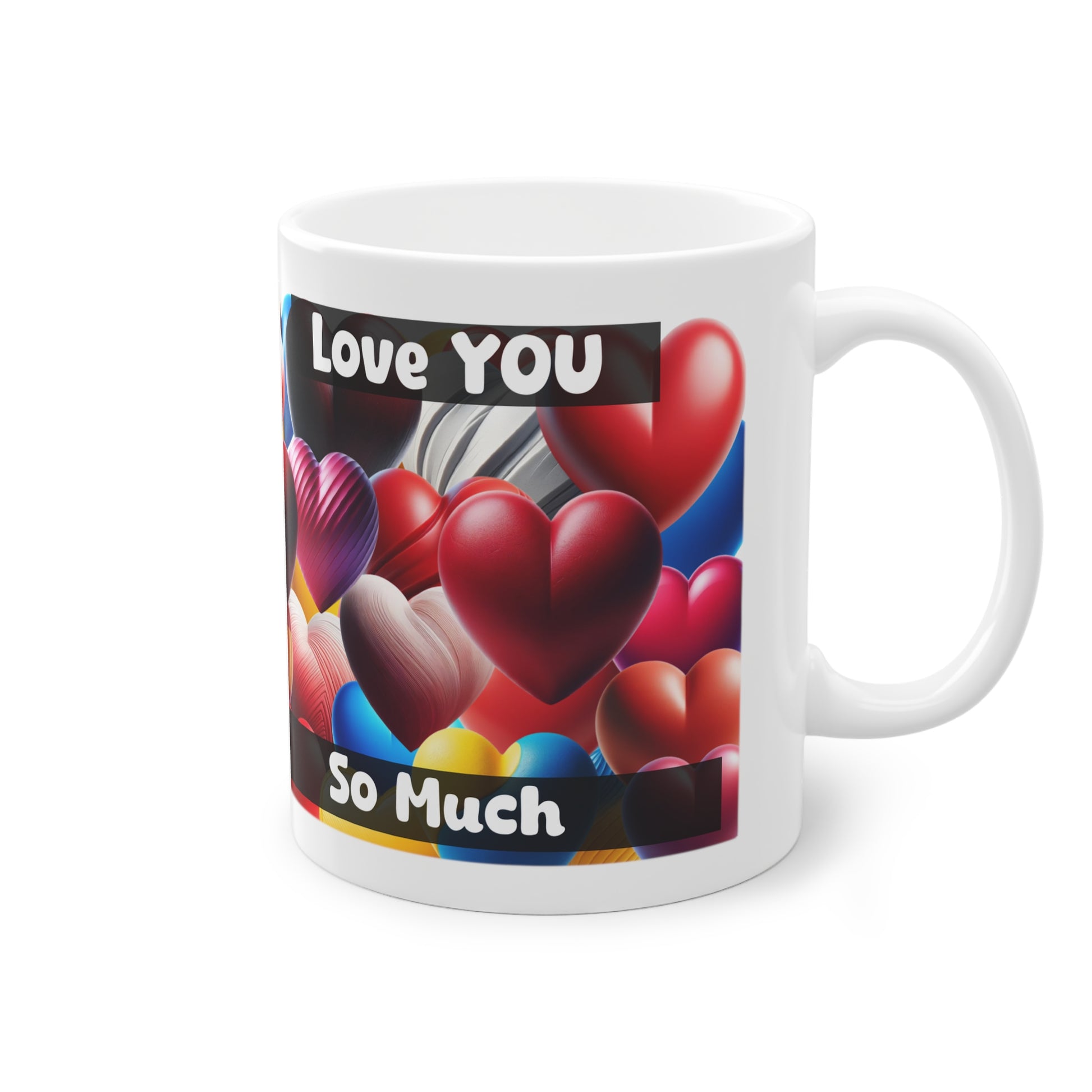 Mug romantique avec cœurs multicolores et message d’amour