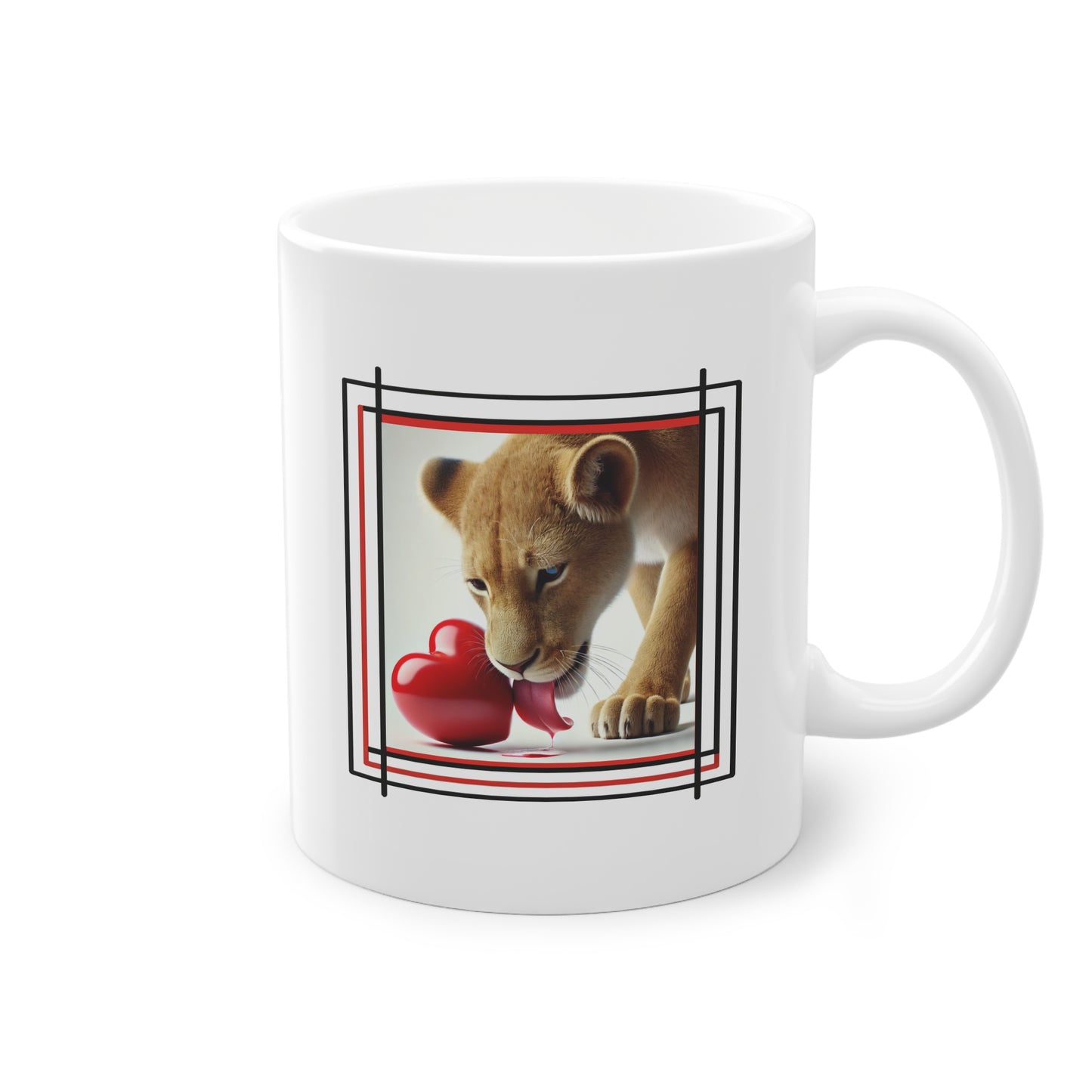 Tasse à offrir avec lionne léchant un cœur rouge idéal idée cadeau original pas cher