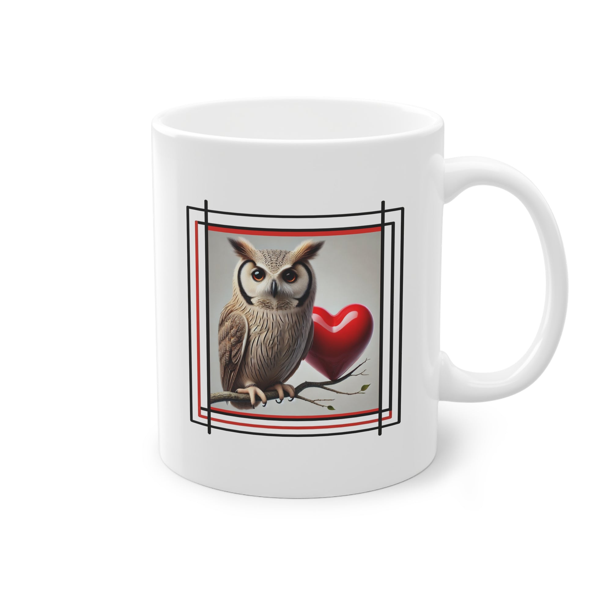 Mug hibou avec cœur rouge, cadeau original abordable en céramique blanc