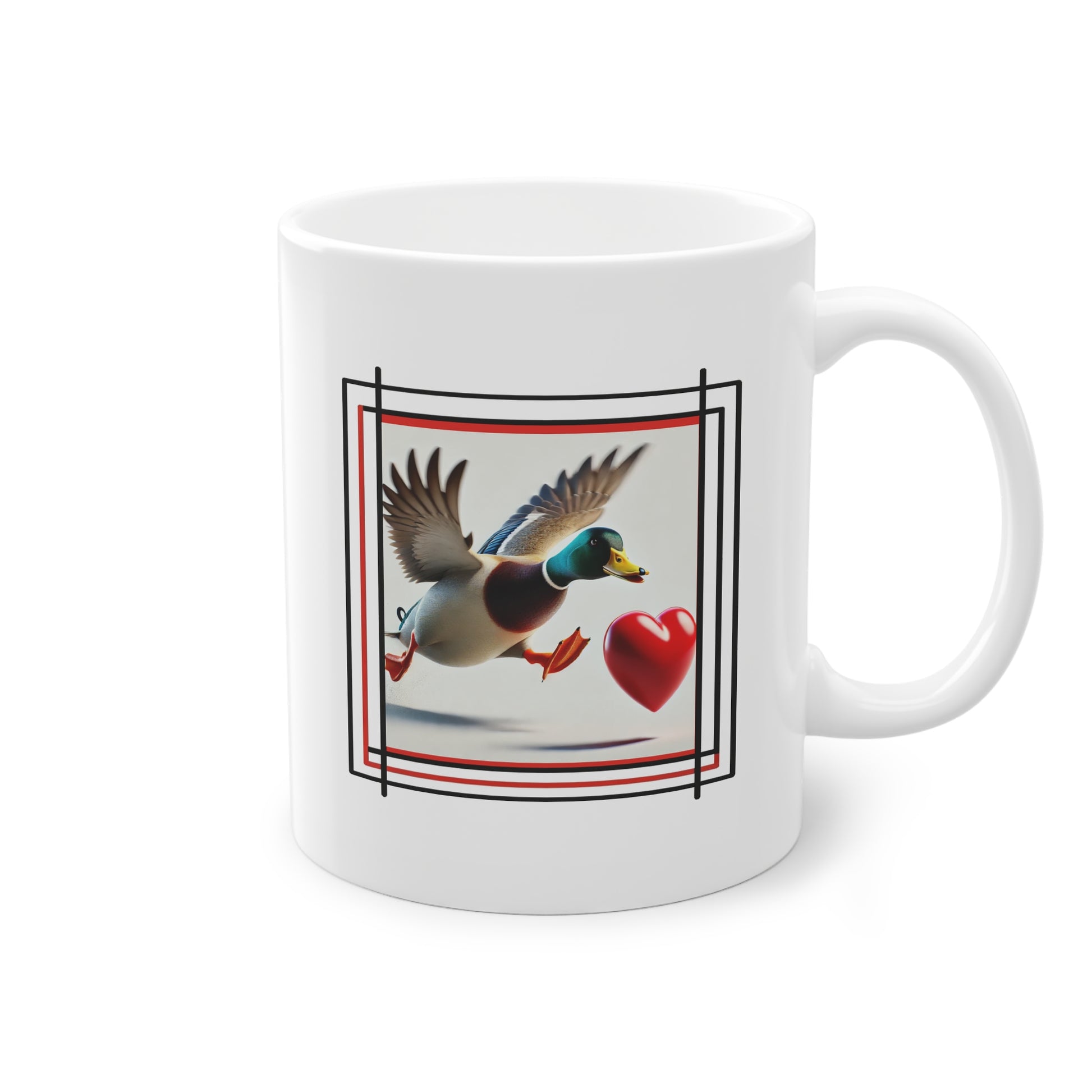 Tasse à offrir en céramique avec canard colvert en action et coeur rouge 