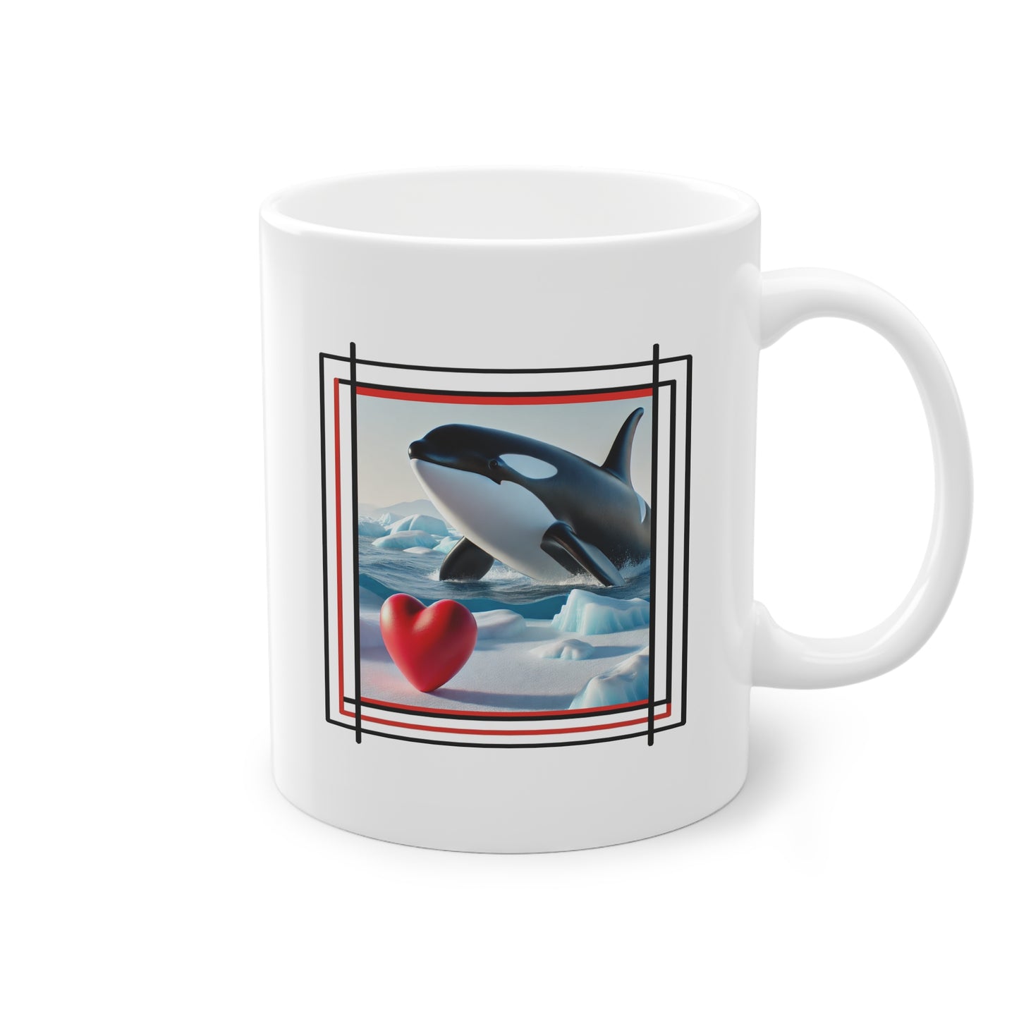 Tasse à offrir céramique blanc avec une orque et un coeur rouge dans l'Arctique