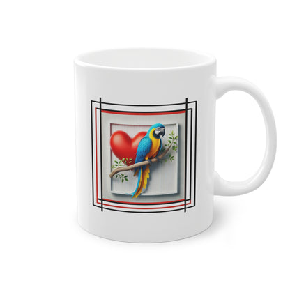 Tasse à offrir originale et fantaisie, en céramique blanc présentant un perroquet ara bleu et jaune avec cœur