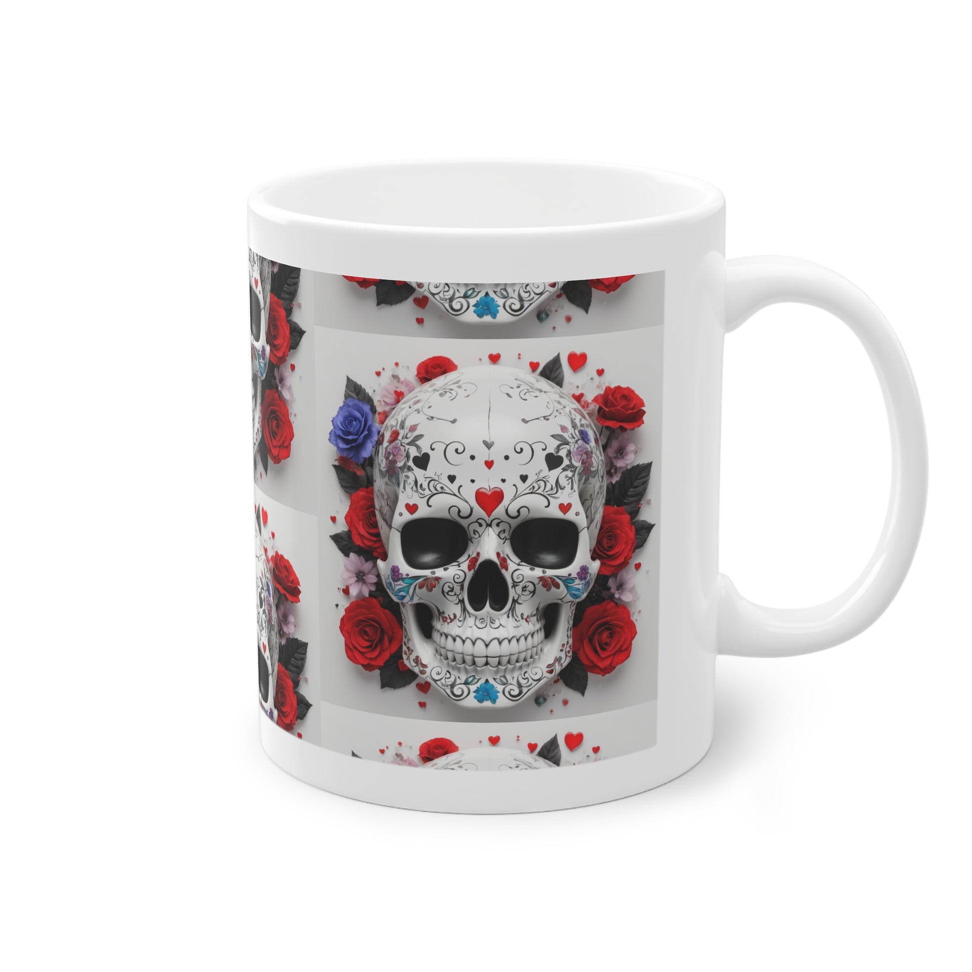 Mug tête de mort gothique, fleurs rouges et crâne