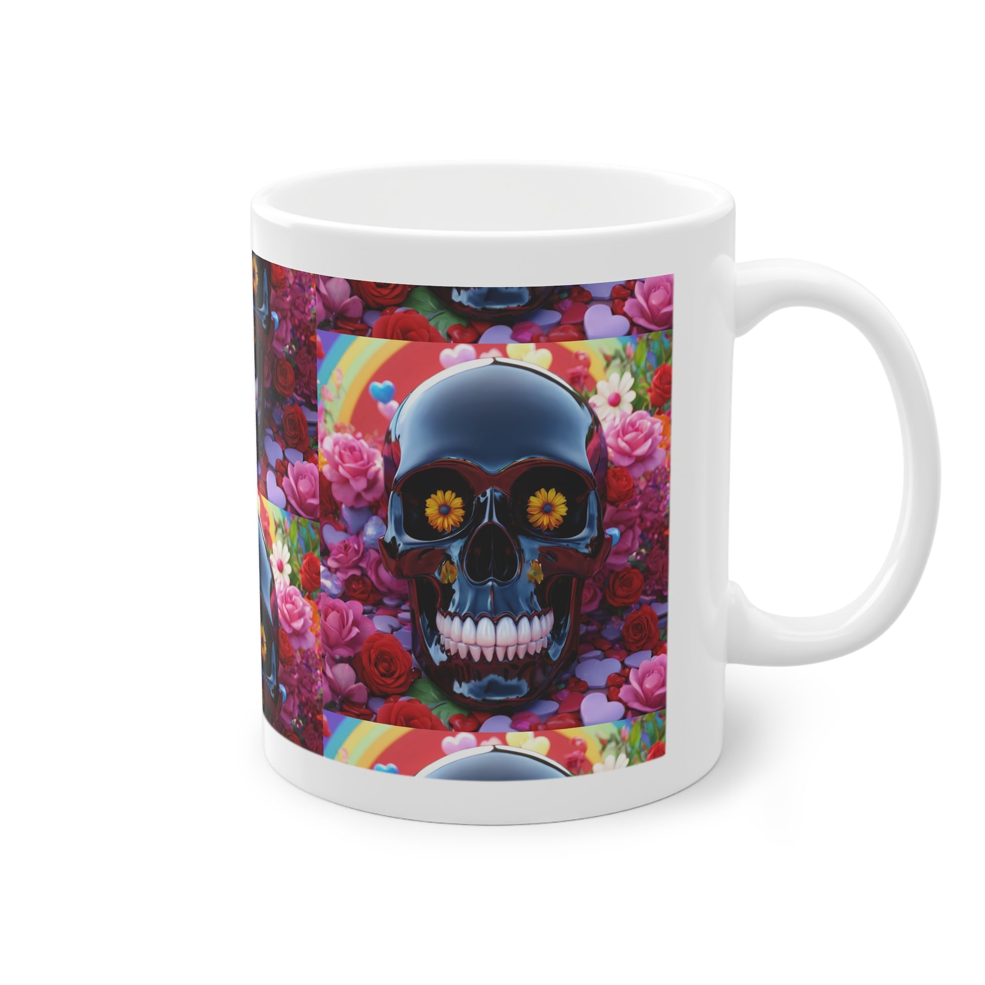 Crâne multicolore sur mug avec fleurs