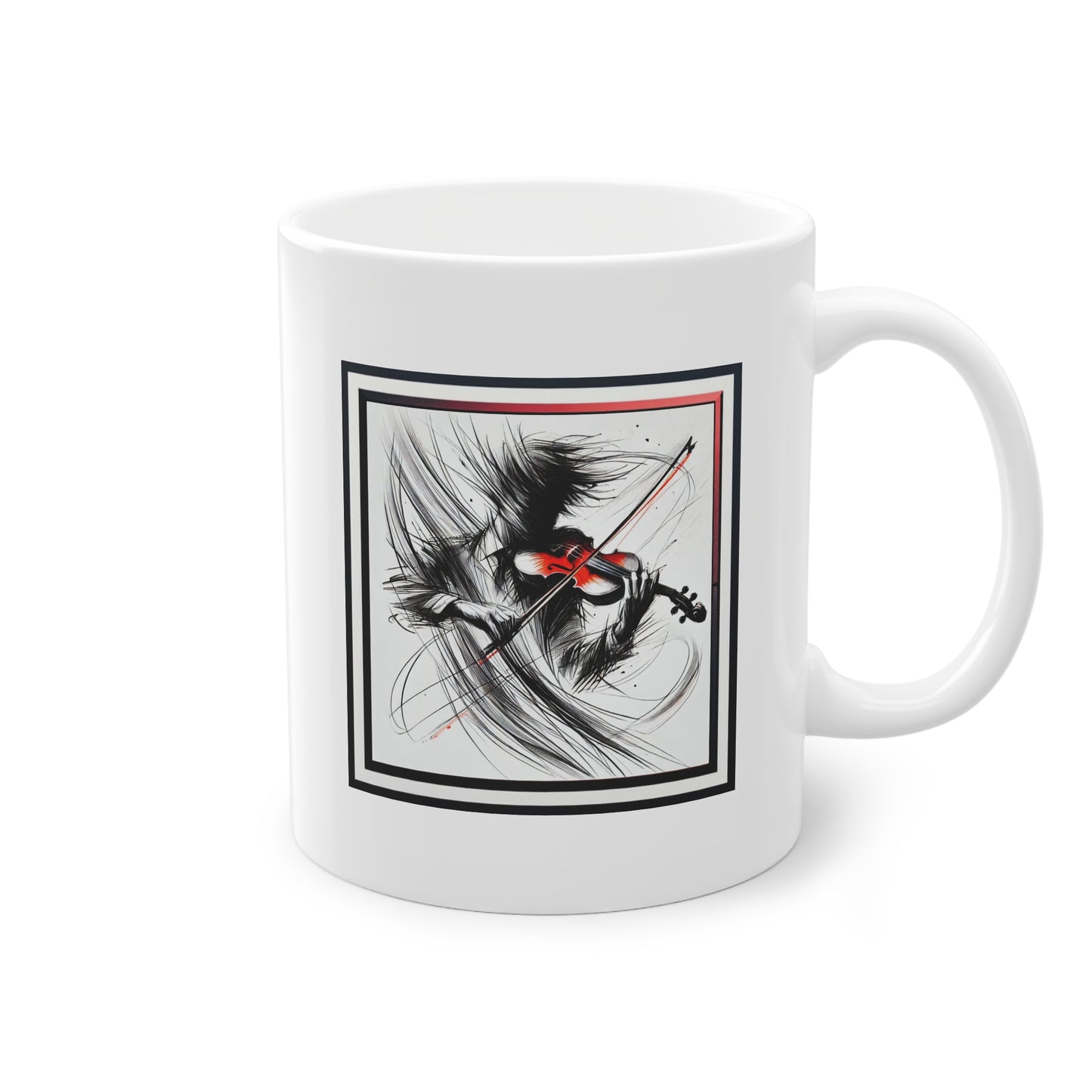 Mug original en céramique avec illustration violoniste dynamique, cadeau parfait pour musiciens.