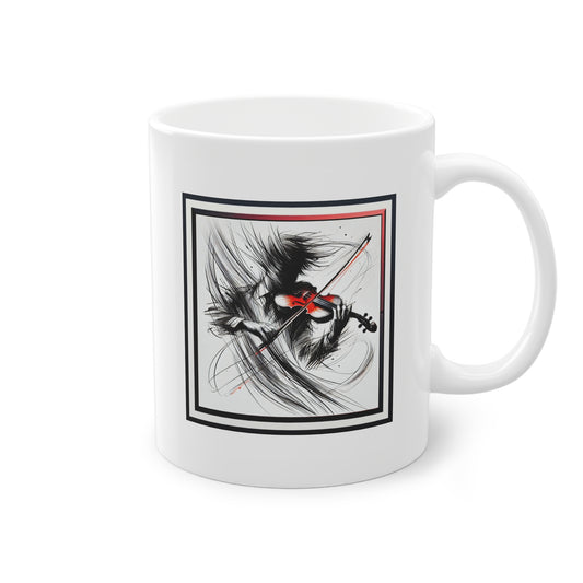 Mug original en céramique avec illustration violoniste dynamique, cadeau parfait pour musiciens.