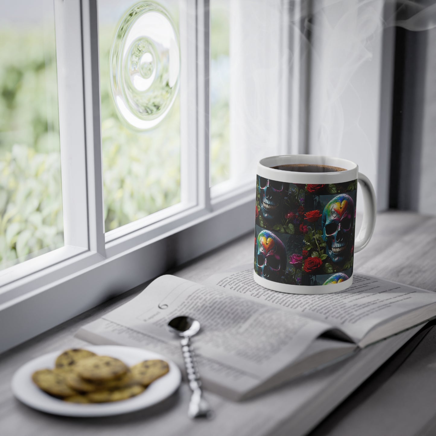 Tasse à offrir pas cher en céramique idée cadeau avec tête de mort multicolore et motifs fleurs et coeurs
