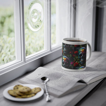 Tasse à offrir pas cher en céramique idée cadeau avec tête de mort multicolore et motifs fleurs et coeurs